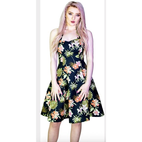 DR FAUST Marrama Palm Tree Exotic Flowers Black Retro Midi Swing Dress Rock Vtg - Picture 1 of 13